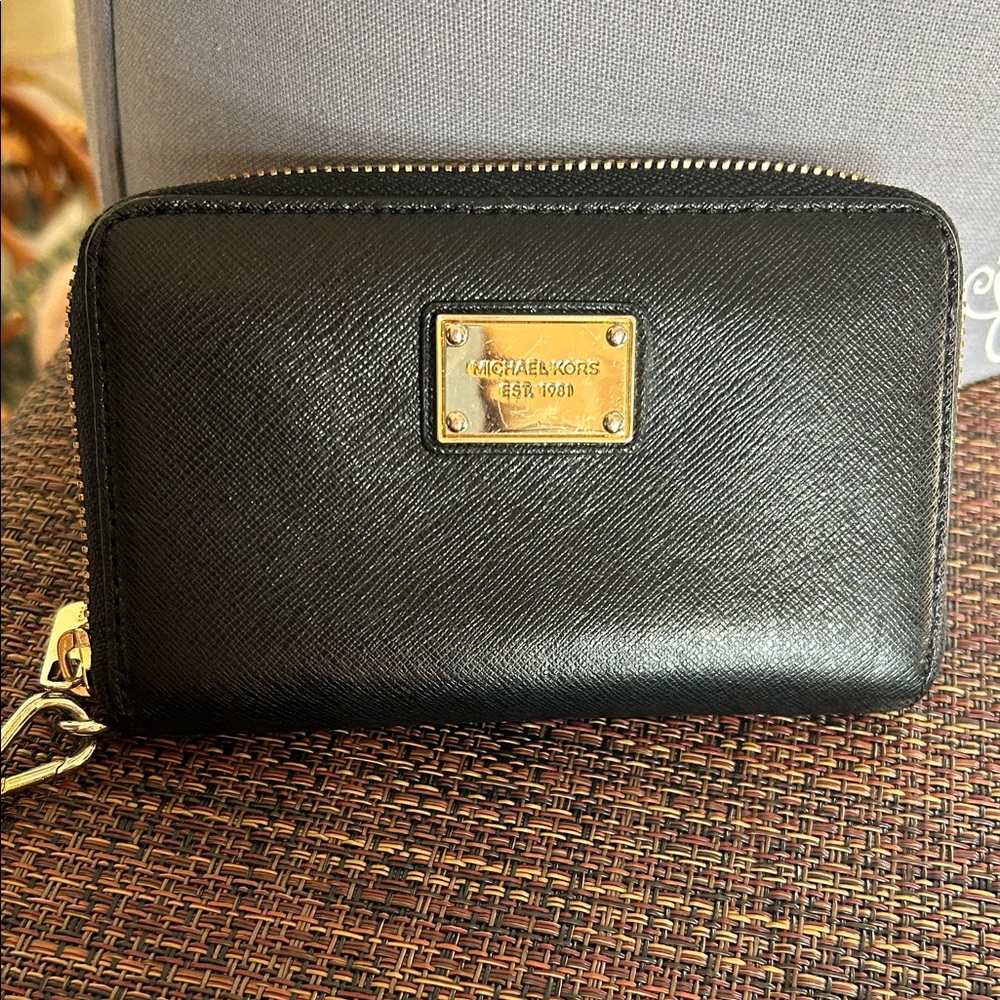 Michael Kors Black Zip Wallet with Gold Plate